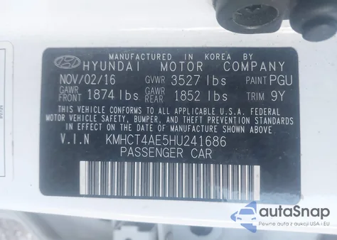 2017 Hyundai Accent Se z USA, uszkodzony, nr VIN KMHCT4AE5HU241686